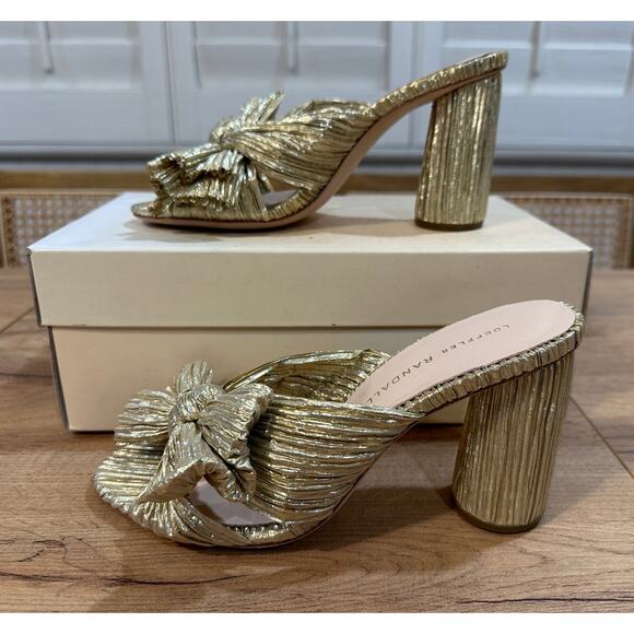 Loeffler Randall Penny Gold Pleated Bow Heel Size 6 NIB Glam Dressy Knotted Top - Picture 3 of 14